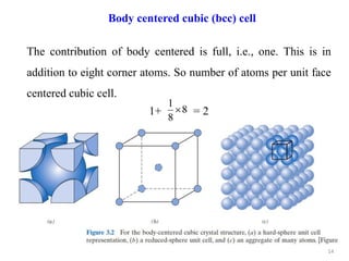 The contribution of body centered is full, i.e., one. This is in
addition to eight corner atoms. So number of atoms per unit face
centered cubic cell.
1+ = 2
8
8
1

14
Body centered cubic (bcc) cell
 