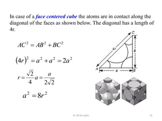 In case of a face centered cube the atoms are in contact along the
diagonal of the faces as shown below. The diagonal has a length of
4r.
2
2
2
BC
AB
AC 

  2
2
2
2
2
4 a
a
a
r 


2
2
4
2 a
a
r 

2
2
8r
a 
Dr. M M Uddin 19
 