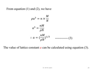 Dr. M M Uddin 28
From equation (1) and (2), we have
------------ (3)
The value of lattice constant a can be calculated using equation (3).
 