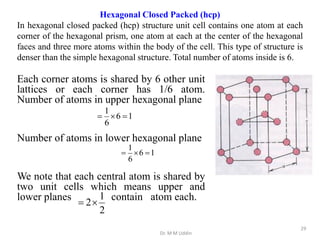 Hexagonal Closed Packed (hcp)
In hexagonal closed packed (hcp) structure unit cell contains one atom at each
corner of the hexagonal prism, one atom at each at the center of the hexagonal
faces and three more atoms within the body of the cell. This type of structure is
denser than the simple hexagonal structure. Total number of atoms inside is 6.
Each corner atoms is shared by 6 other unit
lattices or each corner has 1/6 atom.
Number of atoms in upper hexagonal plane
Number of atoms in lower hexagonal plane
We note that each central atom is shared by
two unit cells which means upper and
lower planes contain atom each.
1
6
6
1



1
6
6
1



2
1
2

Dr. M M Uddin
29
 