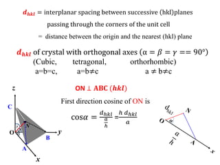 cos𝛼 =
𝑑ℎ𝑘𝑙
𝑎
ℎ
=
ℎ 𝑑ℎ𝑘𝑙
𝑎
First direction cosine of ON is
𝒅𝒉𝒌𝒍 of crystal with orthogonal axes α = 𝛽 = 𝛾 == 90°
(Cubic, tetragonal, orthorhombic)
a=b=c, a=b≠c a ≠ b≠c
y
z
A
x
C
O
N



B
𝒅𝒉𝒌𝒍 = interplanar spacing between successive hkl planes
passing through the corners of the unit cell
= distance between the origin and the nearest (hkl) plane
ON ⊥ 𝐀𝐁𝐂 (𝒉𝒌𝒍)
 