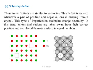These imperfections are similar to vacancies. This defect is caused,
whenever a pair of positive and negative ions is missing from a
crystal. This type of imperfection maintains charge neutrality. In
this type, anions and cations are taken away from their correct
position and are placed them on surface in equal numbers.
Dr. M M Uddin 75
(e) Schottky defect:
 