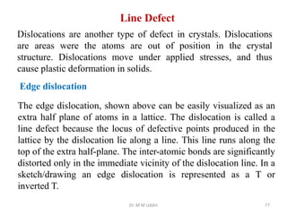 Dislocations are another type of defect in crystals. Dislocations
are areas were the atoms are out of position in the crystal
structure. Dislocations move under applied stresses, and thus
cause plastic deformation in solids.
Dr. M M Uddin 77
The edge dislocation, shown above can be easily visualized as an
extra half plane of atoms in a lattice. The dislocation is called a
line defect because the locus of defective points produced in the
lattice by the dislocation lie along a line. This line runs along the
top of the extra half-plane. The inter-atomic bonds are significantly
distorted only in the immediate vicinity of the dislocation line. In a
sketch/drawing an edge dislocation is represented as a T or
inverted T.
Edge dislocation
Line Defect
 