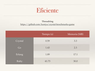 Eficiente
Tiempo (s) Memoria (MB)
Crystal 0.59 3.3
Go 1.43 2.3
Erlang 1.89 17.1
Ruby 41.73 30.0
Threadring
https://github.com/kostya/crystal-benchmarks-game
 