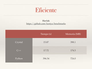 Eficiente
Tiempo (s) Memoria (MB)
Crystal 15.87 398.1
C++ 17.72 174.5
Python 396.54 724.0
Havlak
https://github.com/kostya...