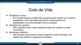 Ciclo de Vida
❖ Paralelismo e fluxo
– Em Crystal Orange as diferentes equipes podem operar com máximo
paralelismo. Isto é permitido através do monitoramento da
estabilidade e da sincronização entre as equipes;
❖ Inspeções de usuários
– São sugeridas duas a três inspeções feitas por usuários a cada
incremento;
❖ Workshops refletivos
– São reuniões que ocorrem antes e depois de cada interação, com
objetivo de analisar o progresso do projeto;
32
 