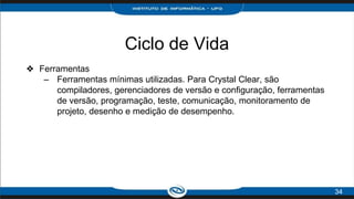 Ciclo de Vida
❖ Ferramentas
– Ferramentas mínimas utilizadas. Para Crystal Clear, são
compiladores, gerenciadores de versão e configuração, ferramentas
de versão, programação, teste, comunicação, monitoramento de
projeto, desenho e medição de desempenho.
34
 