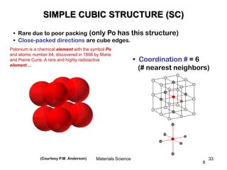 5
• Rare due to poor packing (only Po has this structure)
• Close-packed directions are cube edges.
• Coordination # = 6
(# nearest neighbors)
(Courtesy P.M. Anderson)
SIMPLE CUBIC STRUCTURE (SC)
33Materials Science
Polonium is a chemical element with the symbol Po
and atomic number 84, discovered in 1898 by Marie
and Pierre Curie. A rare and highly radioactive
element ...
 
