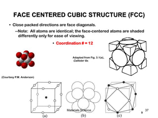 9
• Coordination # = 12
Adapted from Fig. 3.1(a),
Callister 6e.
(Courtesy P.M. Anderson)
• Close packed directions are face diagonals.
--Note: All atoms are identical; the face-centered atoms are shaded
differently only for ease of viewing.
FACE CENTERED CUBIC STRUCTURE (FCC)
37Materials Science
 