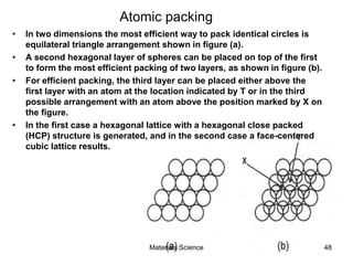 Atomic packing
• In two dimensions the most efficient way to pack identical circles is
equilateral triangle arrangement shown in figure (a).
• A second hexagonal layer of spheres can be placed on top of the first
to form the most efficient packing of two layers, as shown in figure (b).
• For efficient packing, the third layer can be placed either above the
first layer with an atom at the location indicated by T or in the third
possible arrangement with an atom above the position marked by X on
the figure.
• In the first case a hexagonal lattice with a hexagonal close packed
(HCP) structure is generated, and in the second case a face-centered
cubic lattice results.
48Materials Science
 