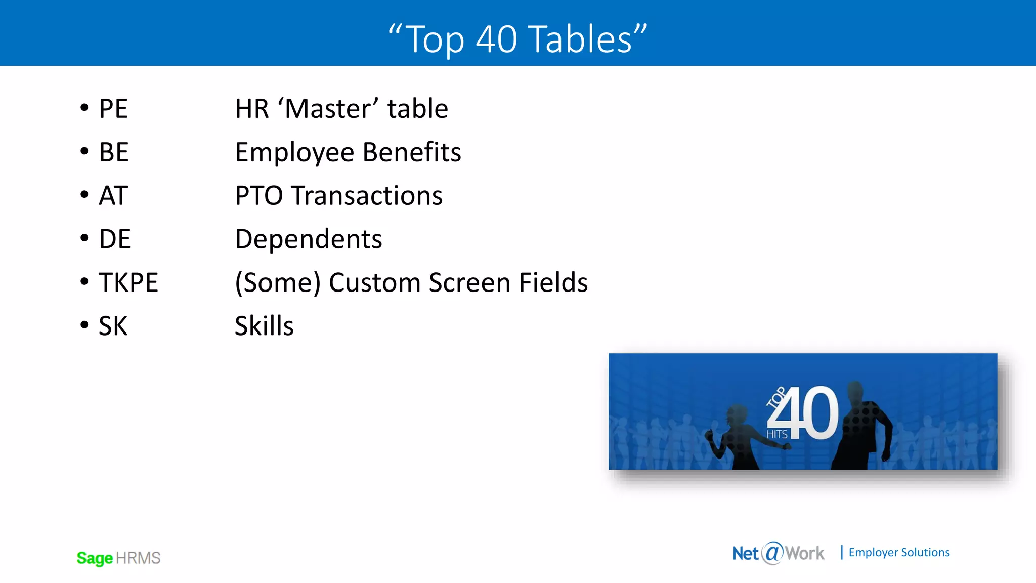| Employer Solutions
“Top 40 Tables”
• PE HR ‘Master’ table
• BE Employee Benefits
• AT PTO Transactions
• DE Dependents
• TKPE (Some) Custom Screen Fields
• SK Skills
 