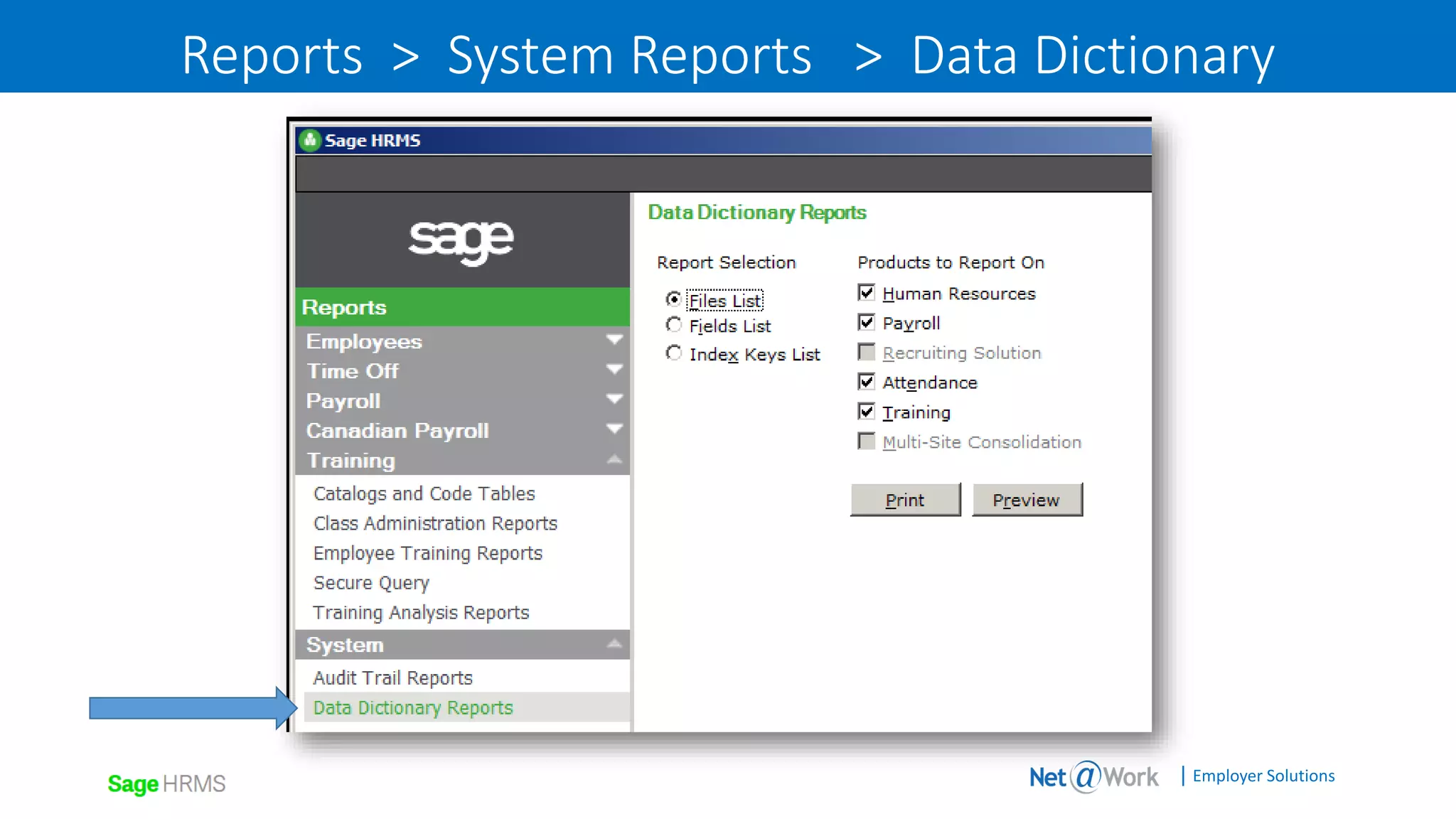 | Employer Solutions
Reports > System Reports > Data Dictionary
 