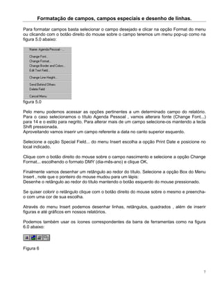Formatação de campos, campos especiais e desenho de linhas.

Para formatar campos basta selecionar o campo desejado e clicar na opção Format do menu
ou clicando com o botão direito do mouse sobre o campo teremos um menu pop-up como na
figura 5.0 abaixo:




figura 5.0

Pelo menu podemos acessar as opções pertinentes a um determinado campo do relatório.
Para o caso selecionamos o título Agenda Pessoal , vamos alterara fonte (Change Font...)
para 14 e o estilo para negrito. Para alterar mais de um campo selecione-os mantendo a tecla
Shift pressionada.
Aproveitando vamos inserir um campo referente a data no canto superior esquerdo.

Selecione a opção Special Field... do menu Insert escolha a opção Print Date e posicione no
local indicado.

Clique com o botão direito do mouse sobre o campo nascimento e selecione a opção Change
Format... escolhendo o formato DMY (dia-mês-ano) e clique OK.

Finalmente vamos desenhar um retângulo ao redor do título. Selecione a opção Box do Menu
Insert , note que o ponteiro do mouse mudou para um lápis:
Desenhe o retângulo ao redor do título mantendo o botão esquerdo do mouse pressionado.

Se quiser colorir o retângulo clique com o botão direito do mouse sobre o mesmo e preencha-
o com uma cor de sua escolha.

Através do menu Insert podemos desenhar linhas, retângulos, quadrados , além de inserir
figuras e até gráficos em nossos relatórios.

Podemos também usar os ícones correspondentes da barra de ferramentas como na figura
6.0 abaixo:



Figura 6




                                                                                           7
 