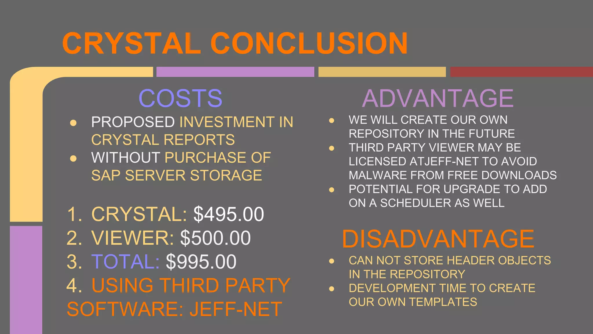 COSTS
● PROPOSED INVESTMENT IN
CRYSTAL REPORTS
● WITHOUT PURCHASE OF
SAP SERVER STORAGE
1. CRYSTAL: $495.00
2. VIEWER: $500.00
3. TOTAL: $995.00
4. USING THIRD PARTY
SOFTWARE: JEFF-NET
CRYSTAL CONCLUSION
ADVANTAGE
● WE WILL CREATE OUR OWN
REPOSITORY IN THE FUTURE
● THIRD PARTY VIEWER MAY BE
LICENSED ATJEFF-NET TO AVOID
MALWARE FROM FREE DOWNLOADS
● POTENTIAL FOR UPGRADE TO ADD
ON A SCHEDULER AS WELL
DISADVANTAGE
● CAN NOT STORE HEADER OBJECTS
IN THE REPOSITORY
● DEVELOPMENT TIME TO CREATE
OUR OWN TEMPLATES
 