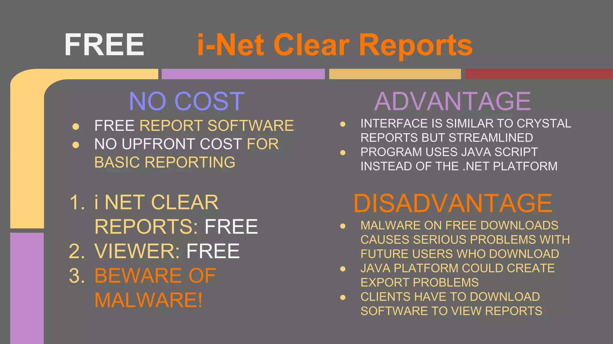 NO COST
● FREE REPORT SOFTWARE
● NO UPFRONT COST FOR
BASIC REPORTING
1. i NET CLEAR
REPORTS: FREE
2. VIEWER: FREE
3. BEWARE OF
MALWARE!
FREE i-Net Clear Reports
ADVANTAGE
● INTERFACE IS SIMILAR TO CRYSTAL
REPORTS BUT STREAMLINED
● PROGRAM USES JAVA SCRIPT
INSTEAD OF THE .NET PLATFORM
DISADVANTAGE
● MALWARE ON FREE DOWNLOADS
CAUSES SERIOUS PROBLEMS WITH
FUTURE USERS WHO DOWNLOAD
● JAVA PLATFORM COULD CREATE
EXPORT PROBLEMS
● CLIENTS HAVE TO DOWNLOAD
SOFTWARE TO VIEW REPORTS
 