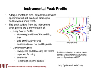 Instrumental Peak Profile
• A large crystallite size, defect-free powder




                                                                                     47.8
  specimen will still produce diffraction
  peaks with a finite width




                                                                                     47.6
• The peak widths from the instrument




                                                                                            2θ (deg.)
  peak profile are a convolution of:




                                                                                     47.4
    – X-ray Source Profile




                                                                                     47.2
       • Wavelength widths of Kα1 and Kα2
          lines




                                                                                     47.0
       • Size of the X-ray source                         Intensity (a.u.)
       • Superposition of Kα1 and Kα2 peaks
    – Goniometer Optics
       • Divergence and Receiving Slit widths
                                                 Patterns collected from the same
       • Imperfect focusing                      sample with different instruments
       • Beam size                               and configurations at MIT
       • Penetration into the sample

  Center for Materials Science and Engineering
                                                  http://prism.mit.edu/xray
 