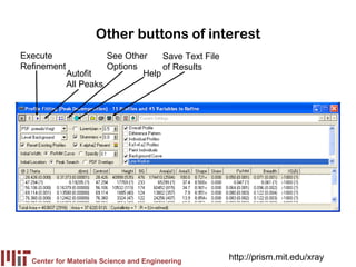 Other buttons of interest
Execute                  See Other    Save Text File
Refinement               Options      of Results
             Autofit             Help
             All Peaks




  Center for Materials Science and Engineering
                                                       http://prism.mit.edu/xray
 