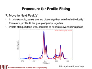 Procedure for Profile Fitting
7. Move to Next Peak(s)
• In this example, peaks are too close together to refine individually
• Therefore, profile fit the group of peaks together
• Profile fitting, if done well, can help to separate overlapping peaks
                                                        00-041-1475> Aragonite - CaCO 3
           Intensity (a.u.)




                              37.0   37.5    38.0       38.5                39.0
                                            2θ (deg.)

  Center for Materials Science and Engineering
                                                               http://prism.mit.edu/xray
 