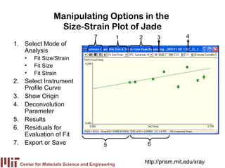 Manipulating Options in the
                  Size-Strain Plot of Jade
                                    7            1   2        3           4
1. Select Mode of
   Analysis
    •   Fit Size/Strain
    •   Fit Size
    •   Fit Strain
2. Select Instrument
   Profile Curve
3. Show Origin
4. Deconvolution
   Parameter
5. Results
6. Residuals for
   Evaluation of Fit
7. Export or Save                       5                 6


  Center for Materials Science and Engineering
                                                         http://prism.mit.edu/xray
 