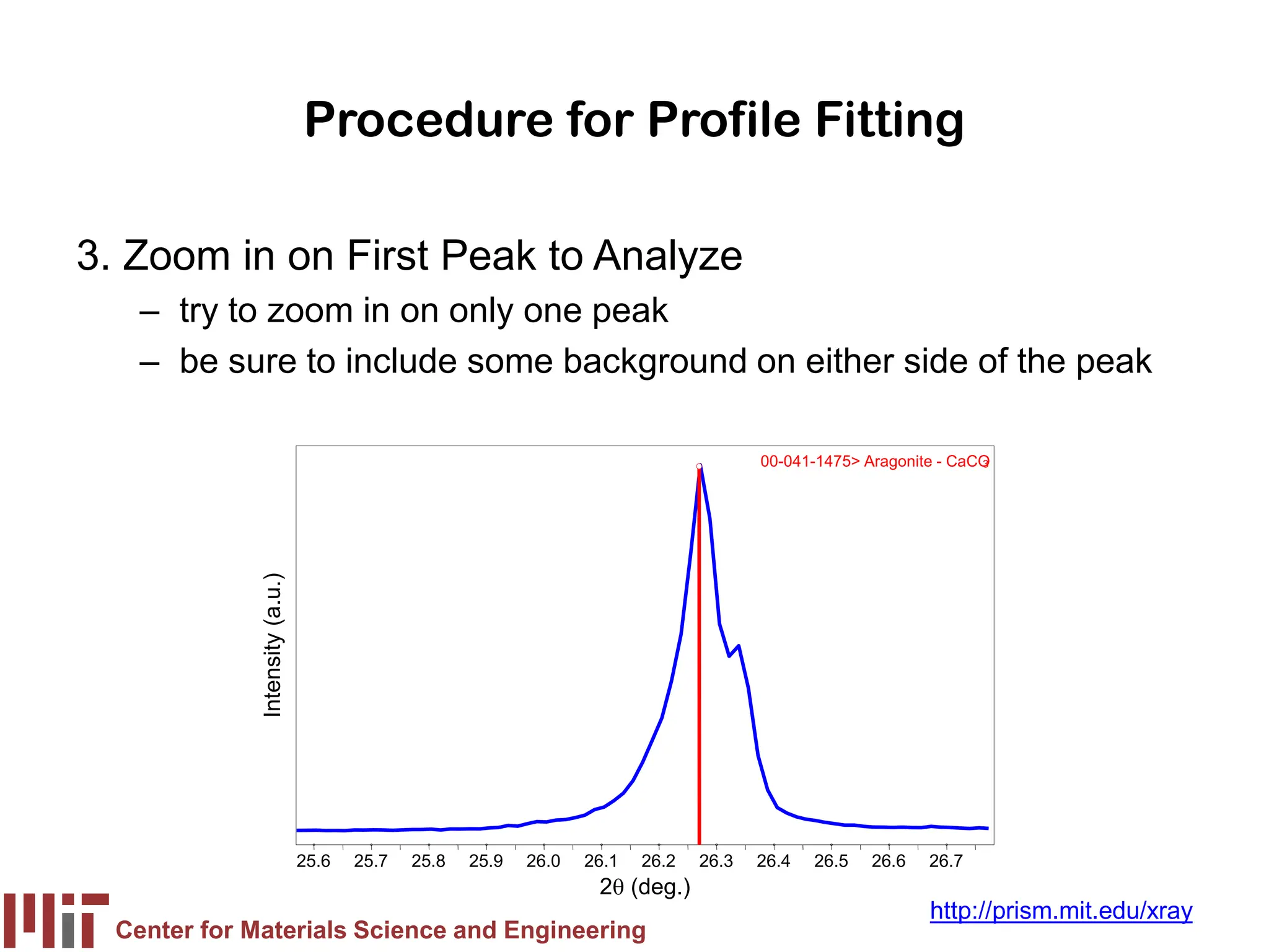 Center for Materials Science and Engineering
http://prism.mit.edu/xray
Procedure for Profile Fitting
3. Zoom in on First Peak to Analyze
– try to zoom in on only one peak
– be sure to include some background on either side of the peak
25.6 25.7 25.8 25.9 26.0 26.1 26.2 26.3 26.4 26.5 26.6 26.7
2θ (deg.)
Intensity
(a.u.)
00-041-1475> Aragonite - CaCO
3
 