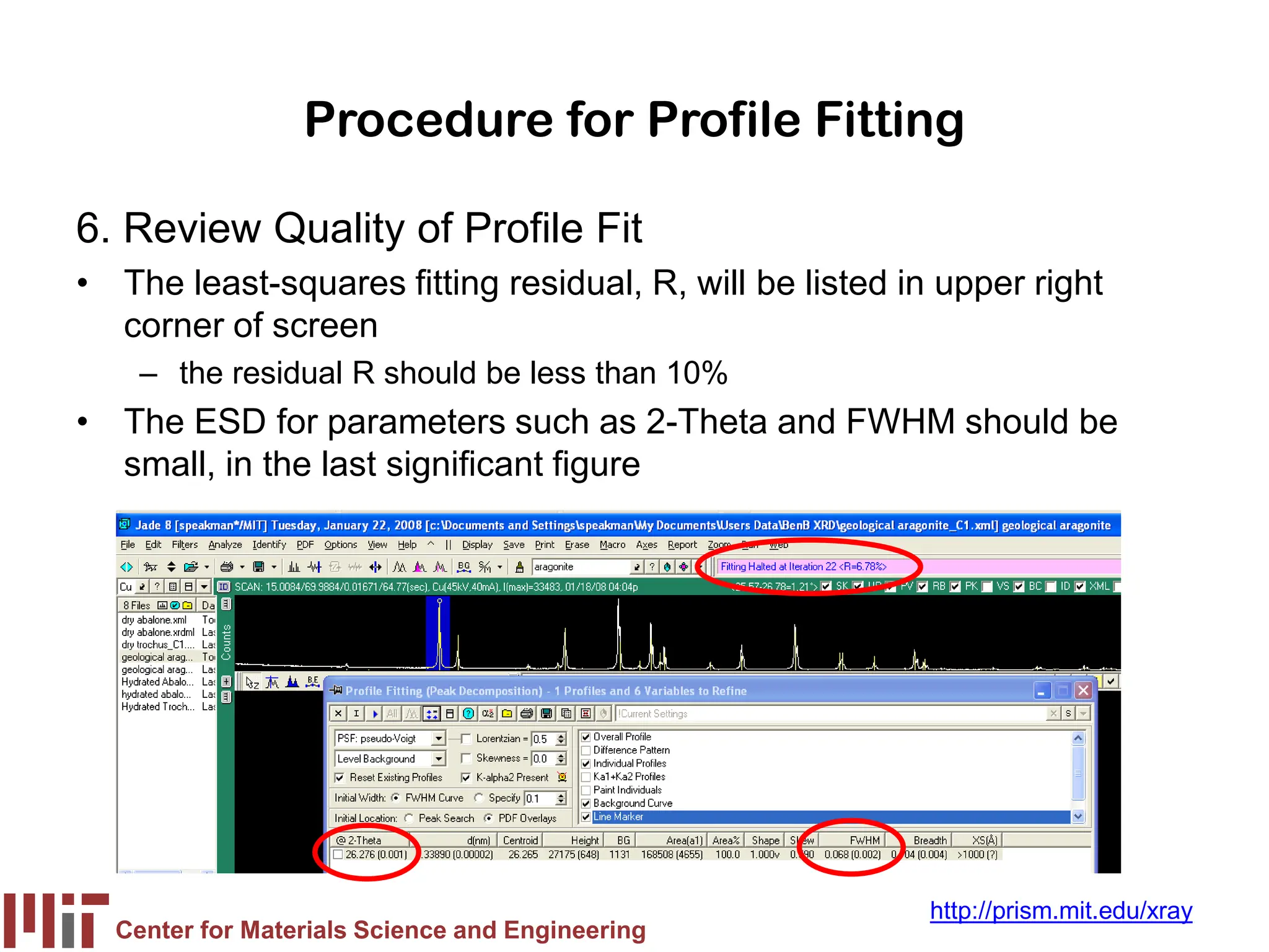 Center for Materials Science and Engineering
http://prism.mit.edu/xray
Procedure for Profile Fitting
6. Review Quality of Profile Fit
• The least-squares fitting residual, R, will be listed in upper right
corner of screen
– the residual R should be less than 10%
• The ESD for parameters such as 2-Theta and FWHM should be
small, in the last significant figure
 