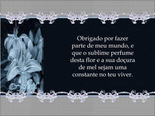 Obrigado por fazer
parte de meu mundo, e
que o sublime perfume
desta flor e a sua doçura
   de mel sejam uma
 constante no teu viver.
 