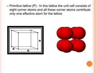  Primitive lattive (P) : In this lattice the unit cell consists of
eight corner atoms and all these corner atoms contribute
only one effective atom for the lattice
 