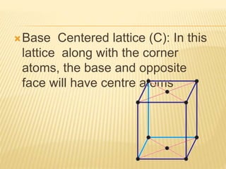 Base Centered lattice (C): In this
lattice along with the corner
atoms, the base and opposite
face will have centre atoms
 