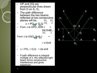  OP and OQ are
perpendicular lines drawn
from O on X1 O1
 The path difference
between the two beams
reflected at two consecutive
planes will be,
 ∆ = PO1 + O1Q
 From ∆ le OPO1 Sinθ = =
= d Sinθ
From ∆ le OQO1 Sinθ = =
= d Sinθ

 ∆ = PO1 + O1Q = 2d sinθ
 If path difference is integral
multiple of λ, the reflected light
beam forms constructive
interference and gives
maximum.
 2d sinθ = nλ
x y
x1 y1
O θ
A A1
P Q
d
B θ B1
O1
 