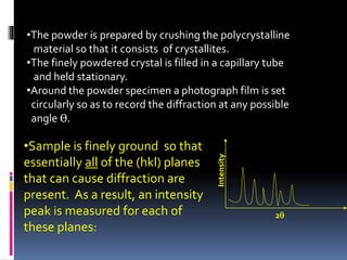 •Sample is finely ground so that
essentially all of the (hkl) planes
that can cause diffraction are
present. As a result, an intensity
peak is measured for each of
these planes:
Intensity
2
•The powder is prepared by crushing the polycrystalline
material so that it consists of crystallites.
•The finely powdered crystal is filled in a capillary tube
and held stationary.
•Around the powder specimen a photograph film is set
circularly so as to record the diffraction at any possible
angle ϴ.
 