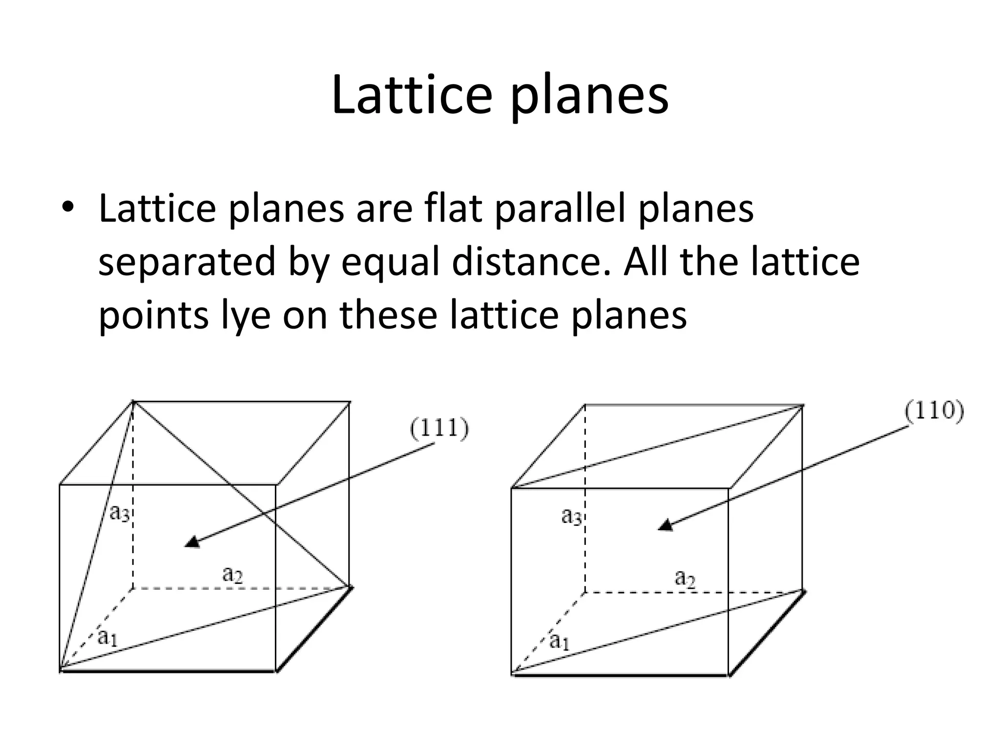 Lattice planes
• Lattice planes are flat parallel planes
separated by equal distance. All the lattice
points lye on these lattice planes
 