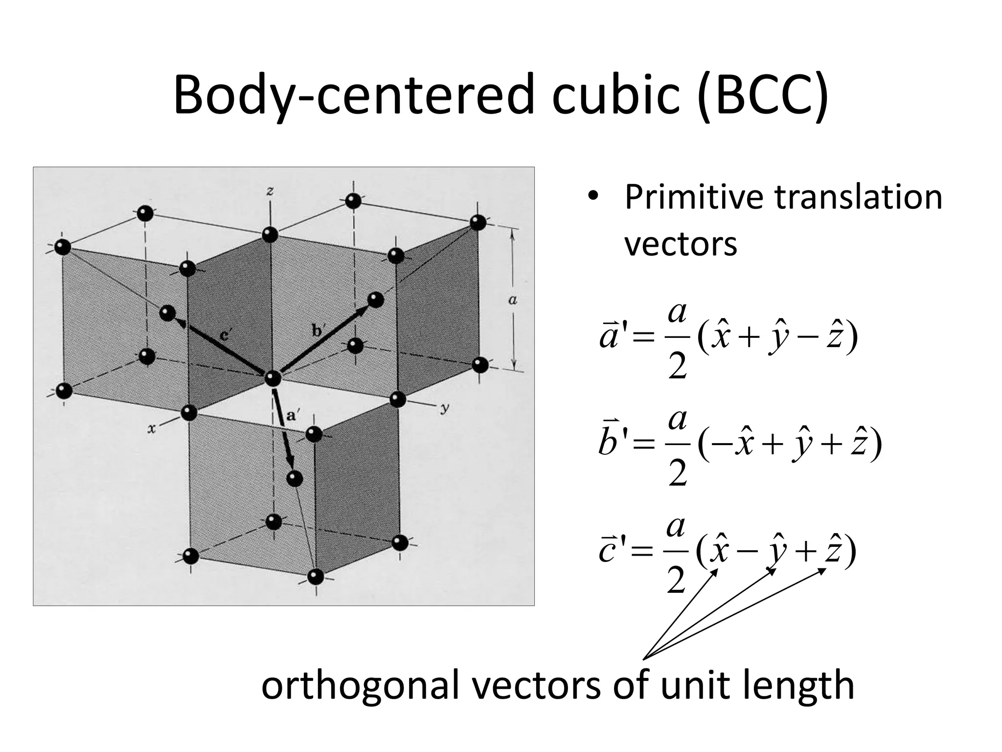 Body-centered cubic (BCC)
• Primitive translation
vectors
)ˆˆˆ(
2
'
)ˆˆˆ(
2
'
)ˆˆˆ(
2
'
zyx
a
c
zyx
a
b
zyx
a
a






orthogonal vectors of unit length
 