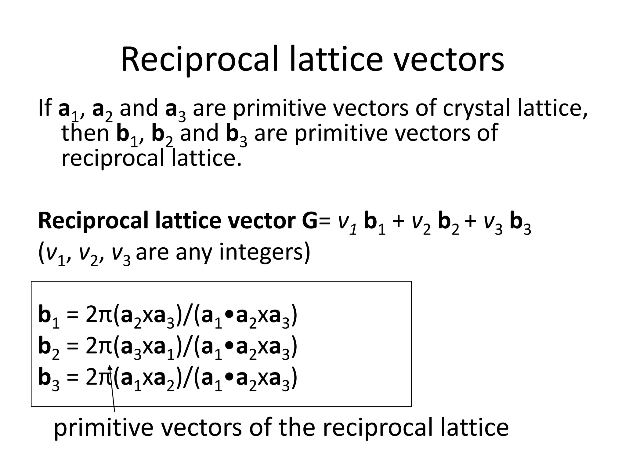 Reciprocal lattice vectors
If a1, a2 and a3 are primitive vectors of crystal lattice,
then b1, b2 and b3 are primitive vectors of
reciprocal lattice.
Reciprocal lattice vector G= v1 b1 + v2 b2 + v3 b3
(v1, v2, v3 are any integers)
b1 = 2π(a2xa3)/(a1•a2xa3)
b2 = 2π(a3xa1)/(a1•a2xa3)
b3 = 2π(a1xa2)/(a1•a2xa3)
primitive vectors of the reciprocal lattice
 