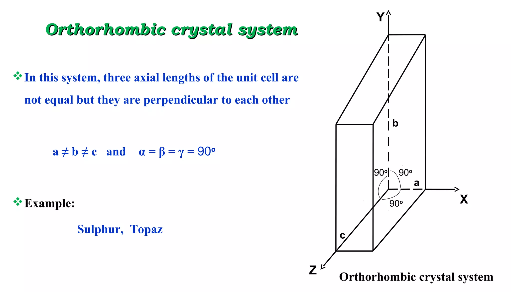Orthorhombic crystal systemOrthorhombic crystal system
In this system, three axial lengths of the unit cell are
not equal but they are perpendicular to each other
a ≠ b ≠ c and α = β = γ = 90o
Example:
Sulphur, Topaz
a
b
c
90o
90o
90o
Orthorhombic crystal system
Y
X
Z
 
