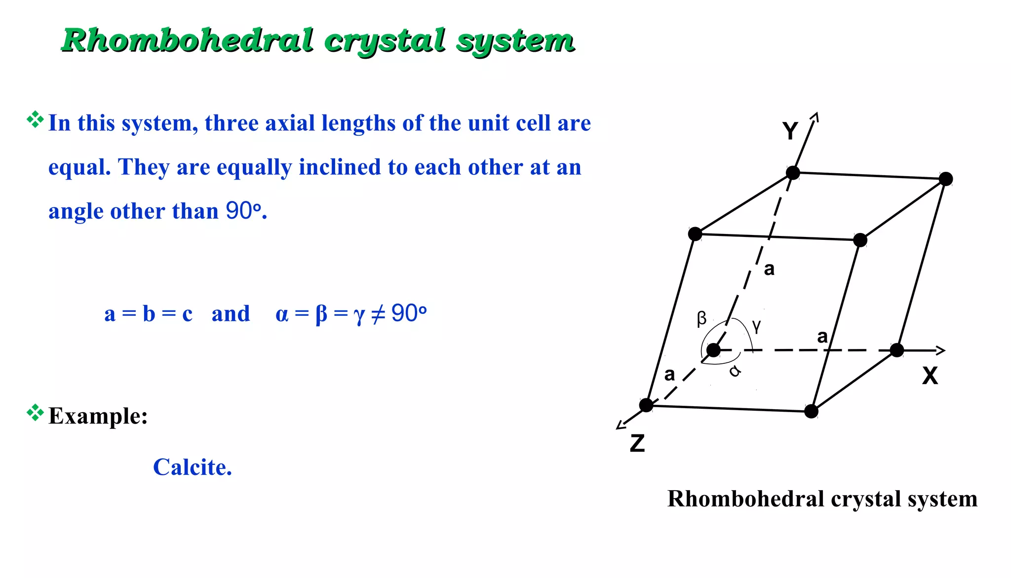 RhombohedralRhombohedral crystal systemcrystal system
In this system, three axial lengths of the unit cell are
equal. They are equally inclined to each other at an
angle other than 90o
.
a = b = c and α = β = γ ≠ 90o
Example:
Calcite.
a
a
a α
β γ
Rhombohedral crystal system
Y
X
Z
 