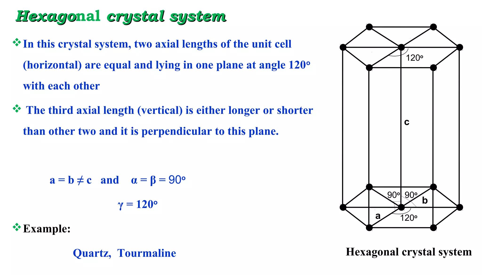 HexagoHexagonal crystal systemcrystal system
In this crystal system, two axial lengths of the unit cell
(horizontal) are equal and lying in one plane at angle 120o
with each other
 The third axial length (vertical) is either longer or shorter
than other two and it is perpendicular to this plane.
a = b ≠ c and α = β = 90o
γ = 120o
Example:
Quartz, Tourmaline
b
c
a
90o
120o
90o
Hexagonal crystal system
120o
 