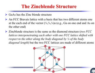 The
The Zincblende
Zincblende Structure
Structure
¾ GaAs has the Zinc blende structure
¾ An FCC Bravais lattice with a basis that has two different atoms one
at the each end of the vector (¼,¼,¼)a (e.g., Ga on one end and As on
the other end)
¾ Zincblende structure is the same as the diamond structure (two FCC
lattices interpenetrating each other with one FCC lattice shifted with
respect to the other along the body diagonal by ¼ of the body
diagonal length) but the two FCC lattices are made of different atoms
 