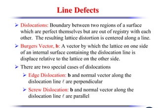 Line Defects
Line Defects
¾ Dislocations: Boundary between two regions of a surface
which are perfect themselves but are out of registry with each
other. The resulting lattice distortion is centered along a line.
¾ Burgers Vector, b: A vector by which the lattice on one side
of an internal surface containing the dislocation line is
displace relative to the lattice on the other side.
¾ There are two special cases of dislocations
¾ Edge Dislocation: b and normal vector along the
dislocation line l are perpendicular
¾ Screw Dislocation: b and normal vector along the
dislocation line l are parallel
 