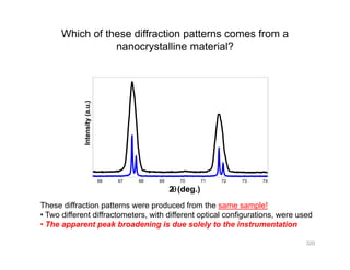 Which of these diffraction patterns comes from a
nanocrystalline material?nanocrystalline material?
(a.u.)Intensity
66 67 68 69 70 71 72 73 74
2 ( )2(deg.)
These diffraction patterns were produced from the same sample!
• Two different diffractometers, with different optical configurations, were used
• The apparent peak broadening is due solely to the instrumentation
320
 