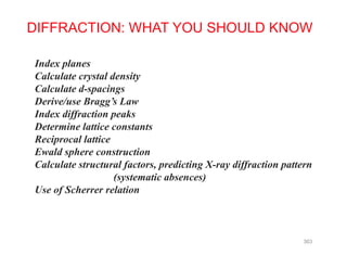 DIFFRACTION: WHAT YOU SHOULD KNOW
Index planes
Calculate crystal density
Calculate d-spacings
Derive/use Bragg’s Law
Index diffraction peaksIndex diffraction peaks
Determine lattice constants
Reciprocal lattice
Ewald sphere constructionEwald sphere construction
Calculate structural factors, predicting X-ray diffraction pattern
(systematic absences)
Use of Scherrer relation
363
 