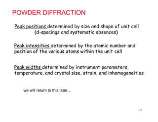 POWDER DIFFRACTION
Peak positions determined by size and shape of unit cell
(d-spacings and systematic absences)
Peak intensities determined by the atomic number and
position of the various atoms within the unit cellp f m
Peak widths determined by instrument parameters,Peak widths determined by instrument parameters,
temperature, and crystal size, strain, and inhomogeneities
we will return to this later…
244
 