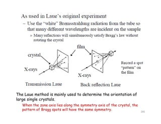 The Laue method is mainly used to determine the orientation of
large single crystals.g g y
When the zone axis lies along the symmetry axis of the crystal, the
pattern of Bragg spots will have the same symmetry. 285
 