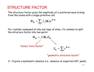 The structure factor gives the amplitude of a scattered wave arising
STRUCTURE FACTOR
( ) ji
jf e

  
K d
K K
h structur factor g s th amp tu of a scatt r wa ar s ng
from the atoms with a single primitive cell.
( )j
j
fK
For crystals composed of only one type of atom, it’s common to split
th t t f t i t t tthe structure factor into two parts:
( )f S K KK
ji
S e

 
K d
K
“atomic form factor”
j
K
“geometric structure factor”
S = 0 gives a systematic absence (i.e., absence of expected diff. peak).
292
 