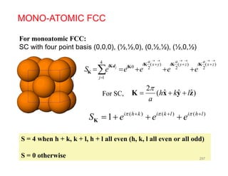 MONO-ATOMIC FCC
For monoatomic FCC:
SC with four point basis (0,0,0), (½,½,0), (0,½,½), (½,0,½)
4 ( ) ( ) ( )
0 2 2 2
1
j
a a a
i x y i y z i x zi i
j
S e e e e e
     
      
    
K K KK K
K
d
1j
2
ˆ ˆ ˆ( )h k l
a

  K x y zFor SC,
( ) ( ) ( )
1 i h k i k l i h l
S e e e    
   K
a
S = 4 when h + k, k + l, h + l all even (h, k, l all even or all odd)
K
S = 0 otherwise 297
 