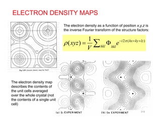 ELECTRON DENSITY MAPS
The electron density as a function of position x,y,z is
the inverse Fourier transform of the structure factors:
1 2 ( )1
( ) i hx ky lz
hkl hkl
xyz e
V

   
 
The electron density map
d ib th t t fdescribes the contents of
the unit cells averaged
over the whole crystal (not
the contents of a single unitg
cell)
314
 
