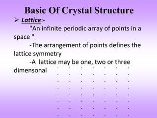 Basic Of Crystal Structure
 Lattice:-
"An infinite periodic array of points in a
space "
-The arrangement of points defines the
lattice symmetry
-A lattice may be one, two or three
dimensonal
 
