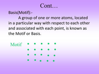 Cont…
Basis(Motif):-
A group of one or more atoms, located
in a particular way with respect to each other
and associated with each point, is known as
the Motif or Basis.
Motif     
    
   
  
 