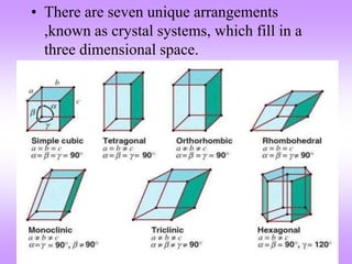• There are seven unique arrangements 
,known as crystal systems, which fill in a 
three dimensional space. 
 