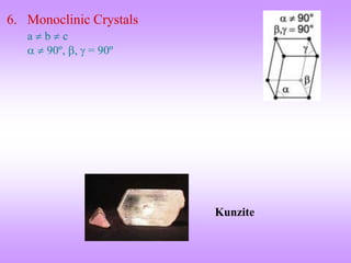 6. Monoclinic Crystals 
a  b  c 
  90º, ,  = 90º 
Kunzite 
 