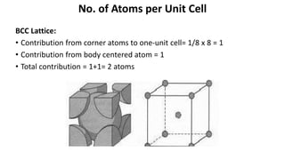BCC Lattice:
• Contribution from corner atoms to one-unit cell= 1/8 x 8 = 1
• Contribution from body centered atom = 1
• Total contribution = 1+1= 2 atoms
No. of Atoms per Unit Cell
 